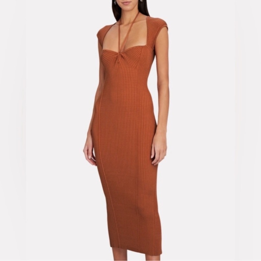 Jonathan Simkhai Florence Tie Neck Maxi Dress  Small Orange Ribbed Knit Bodycon